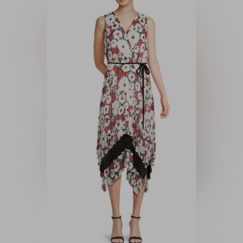 🔥 Karl Lagerfeld ParisFloral Surplice Pleated Midi Floral Dress Size 6